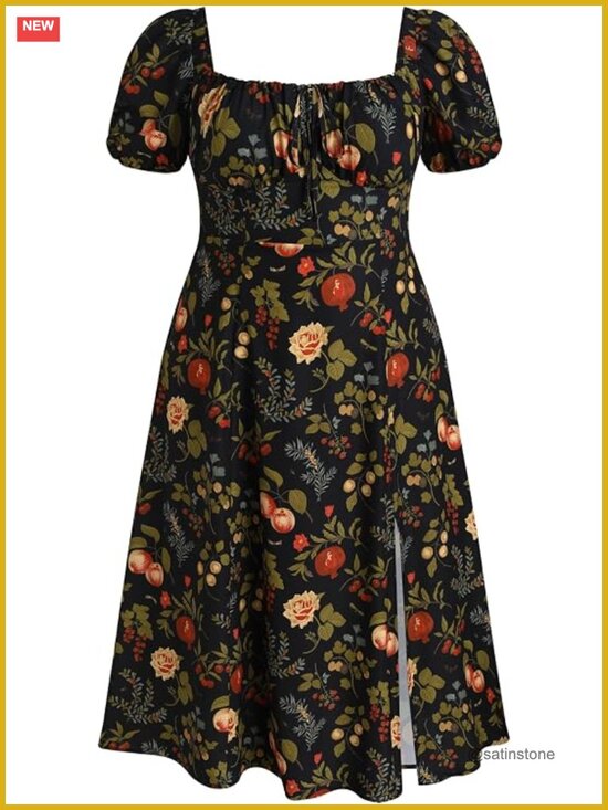 Dresses & Skirts - Plus Size Floral Fruit Puff Sleeve Midi Dress